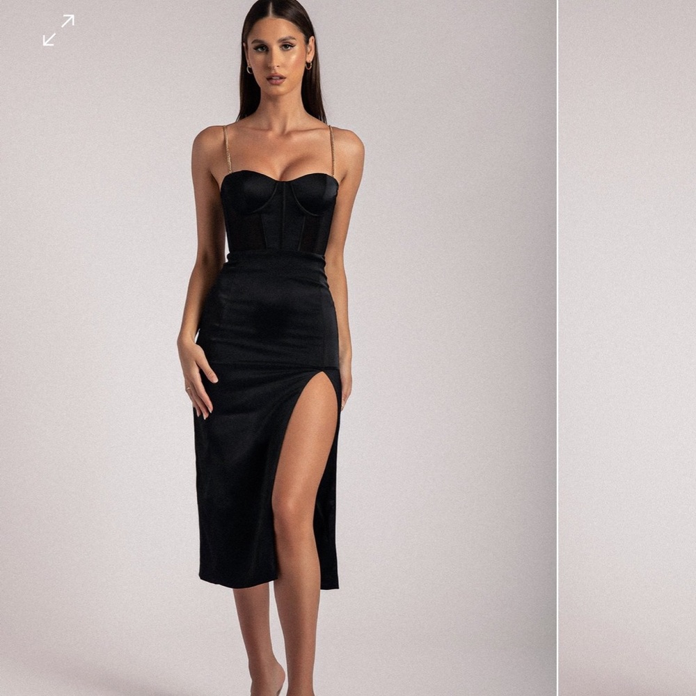 Talisa black dress chain strap side split midi dress